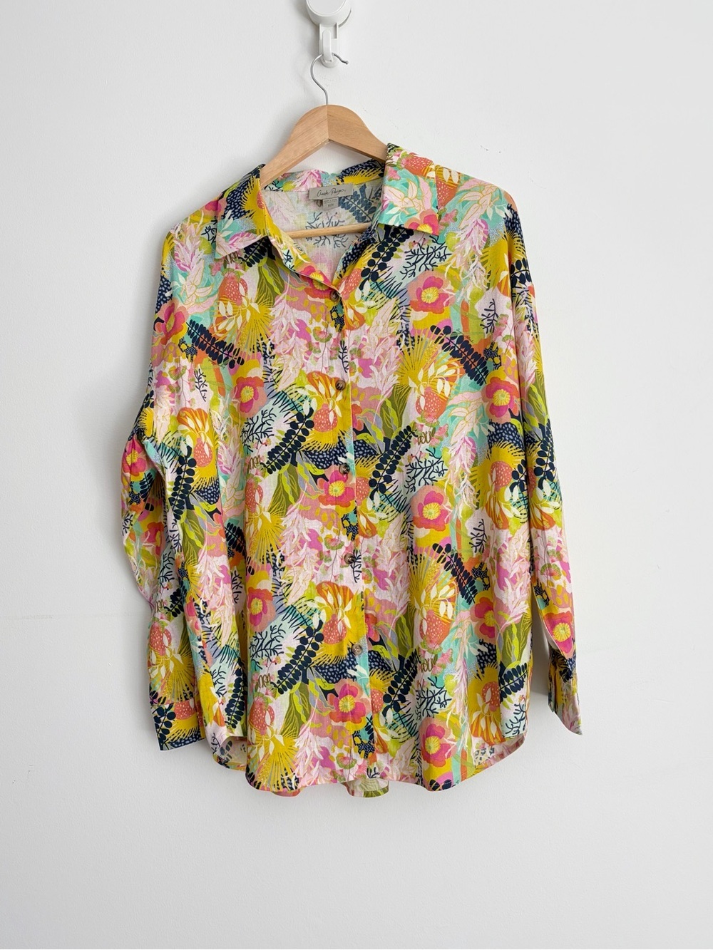 Charlie Paige Tropical Floral Linen Blend Shirt Resortcore Size M